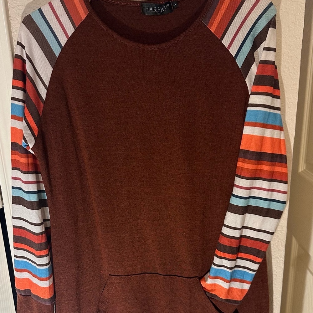 Women's Long Sleeve Striped Tee - Brown and Multicolor Sleeves Size Large